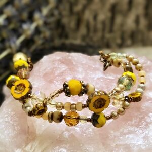 Yellow Glass Druid Flower Wrapped Wreath Bracelet In Brass